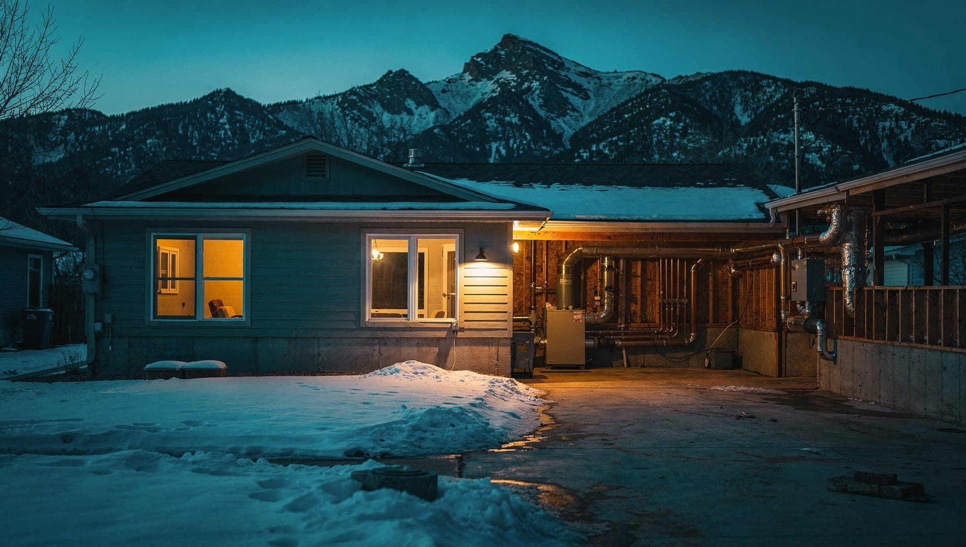 A Colorado home glowing warm at a cold blue winter dusk, foothills behind