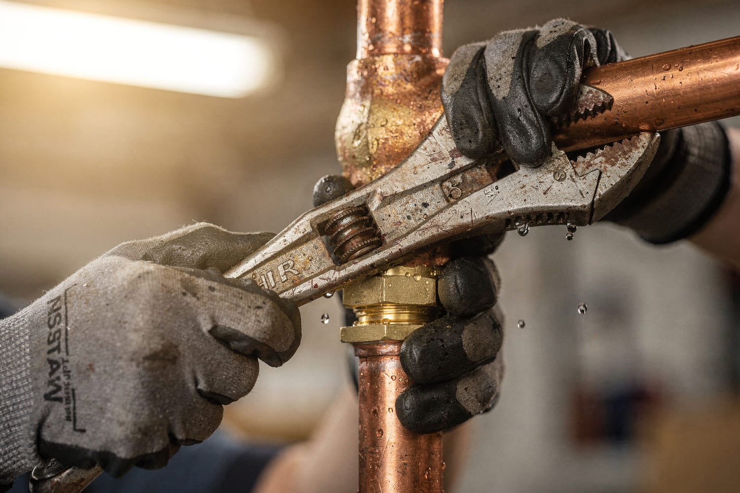 A plumber’s gloved hands tightening a fitting on a copper pipe with a wrench