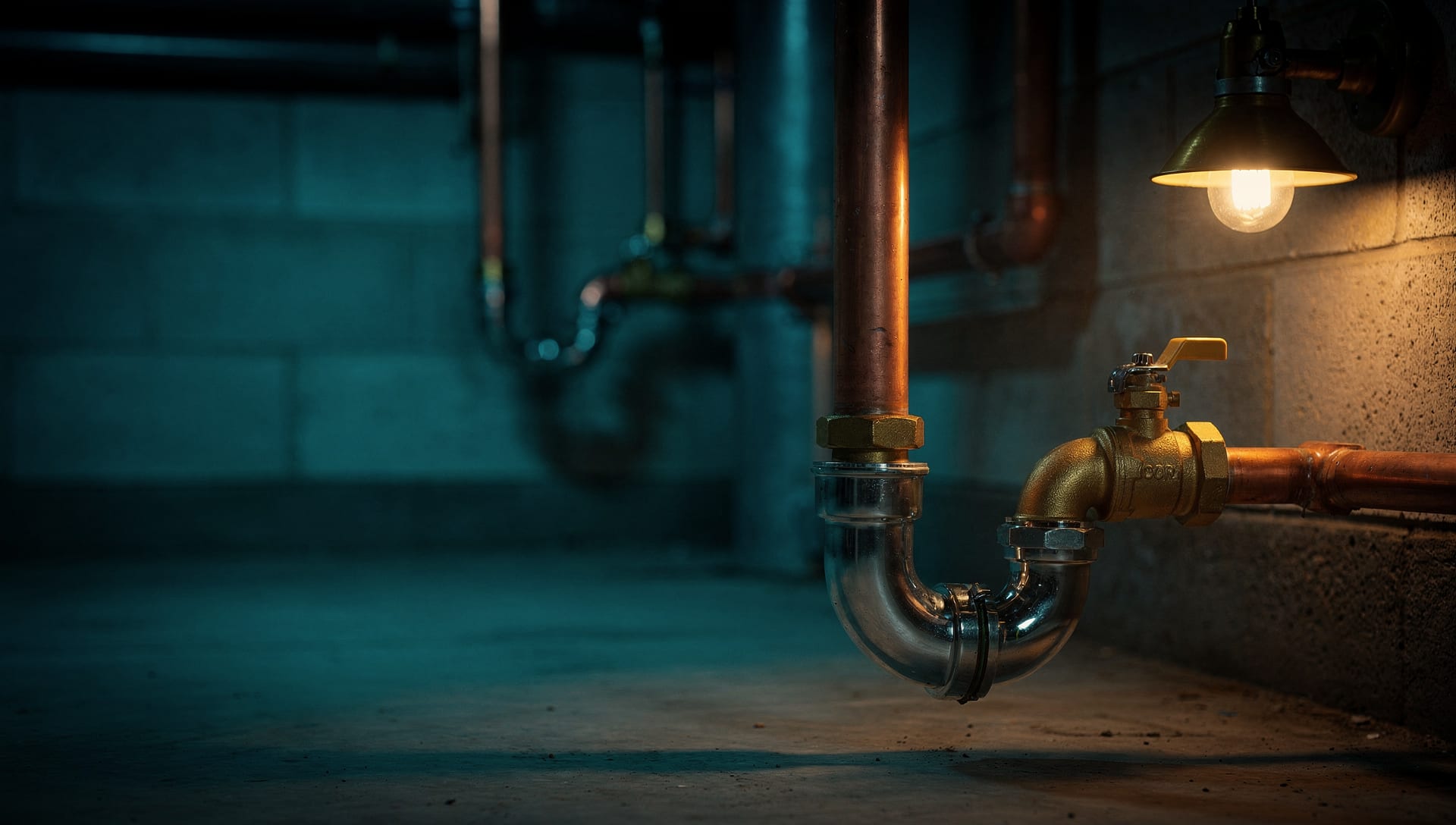 Copper pipework and a brass shutoff valve lit by a single worklamp in a dim mechanical room