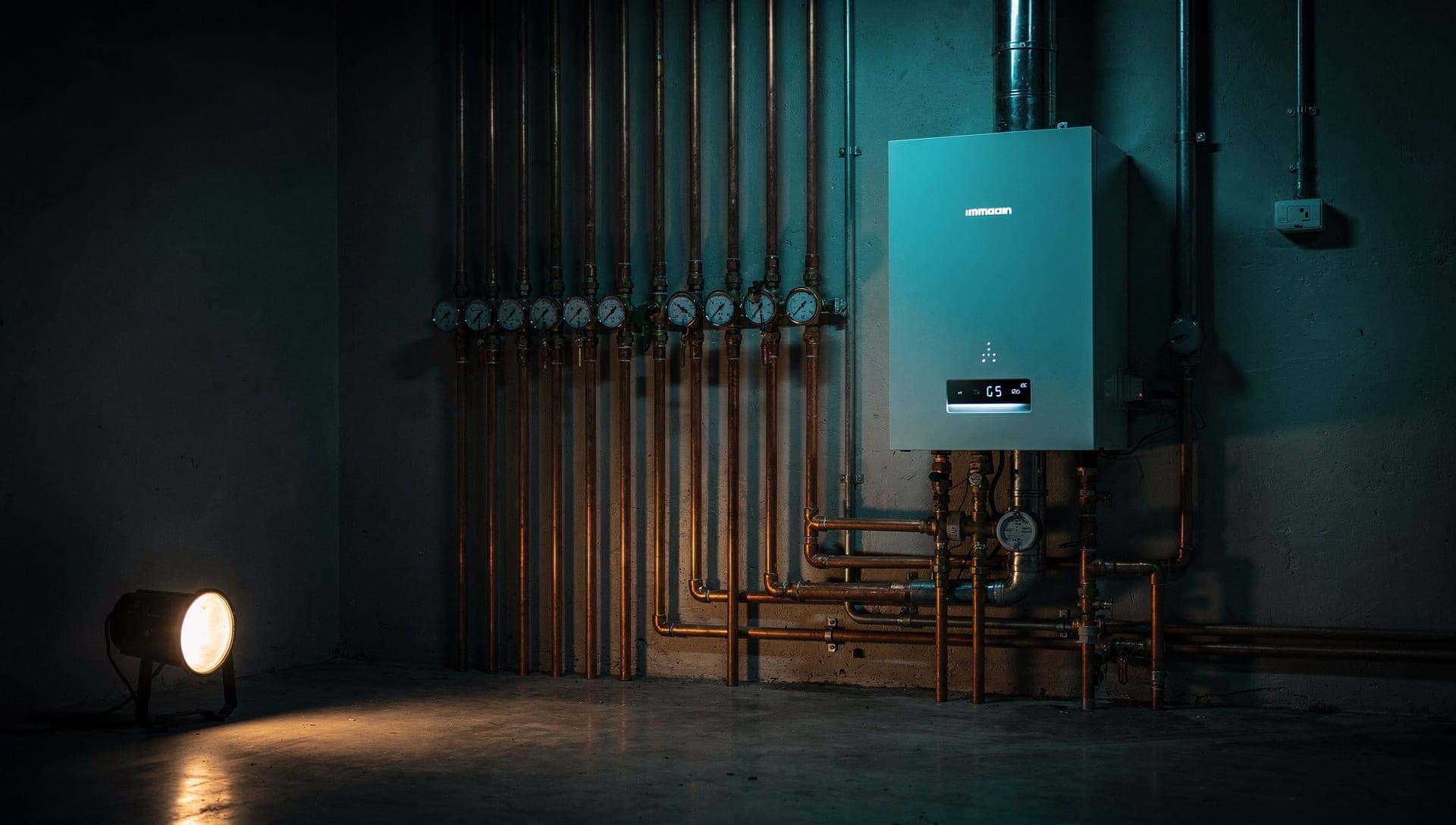 A boiler and copper pipe runs lit by a worklamp in a dark mechanical room